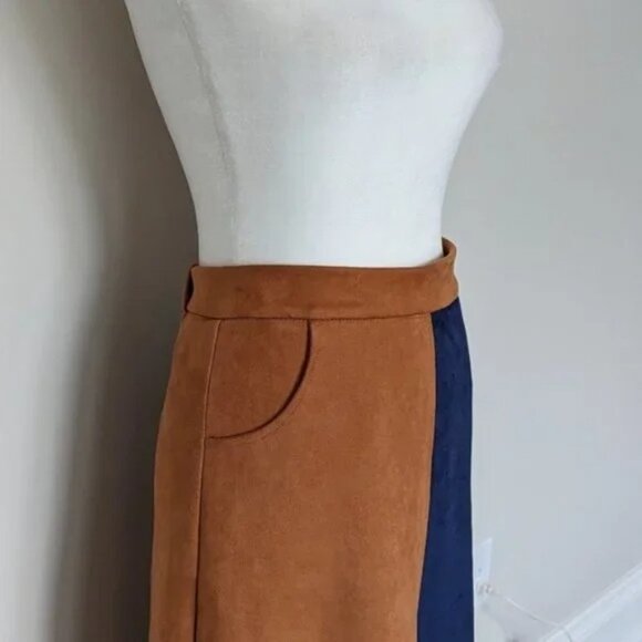 Suede asymmetrical colourblock camel/blue midi a-line skirt - Picture 5 of 7